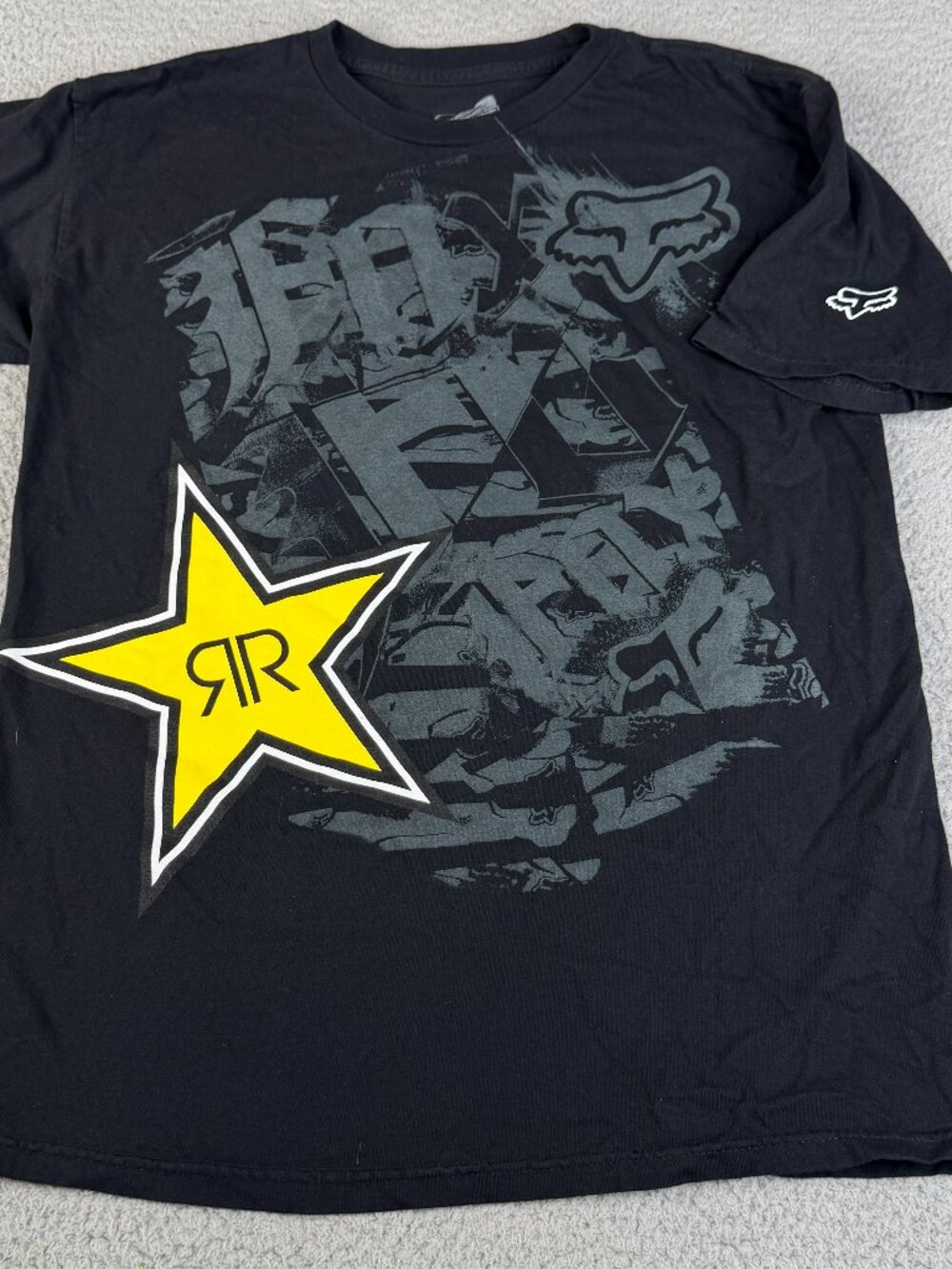FOX Racing x Rockstar Energy T-Shirt Mens Medium Black Spellout Logo